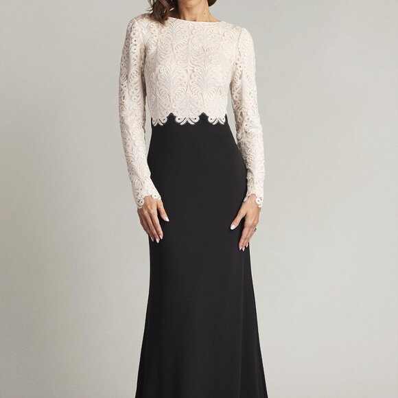 Tadashi Shoji Black Ivory Mixed Media Long Sleeve Lace Gown - Picture 1 of 5